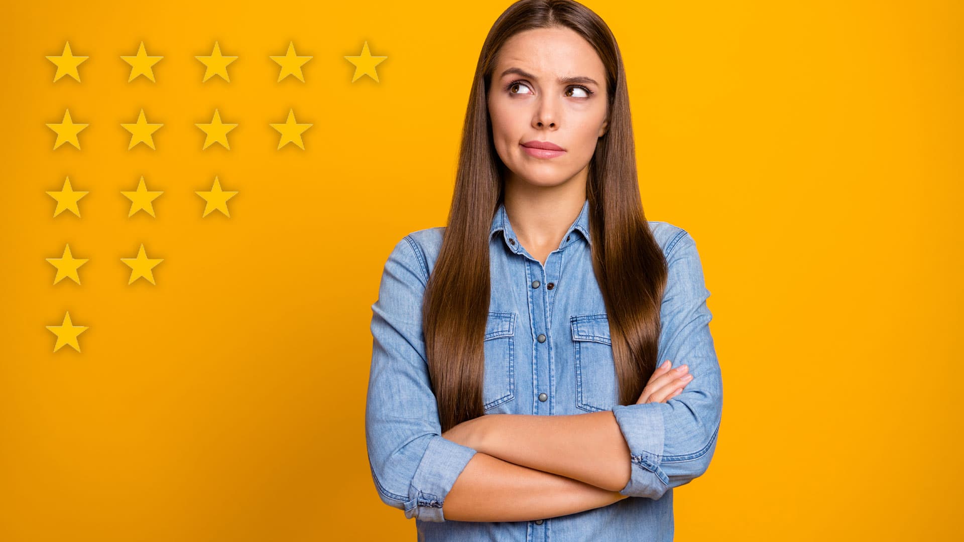 Woman unsure about what hotel to pick, staring at multiple stars as options